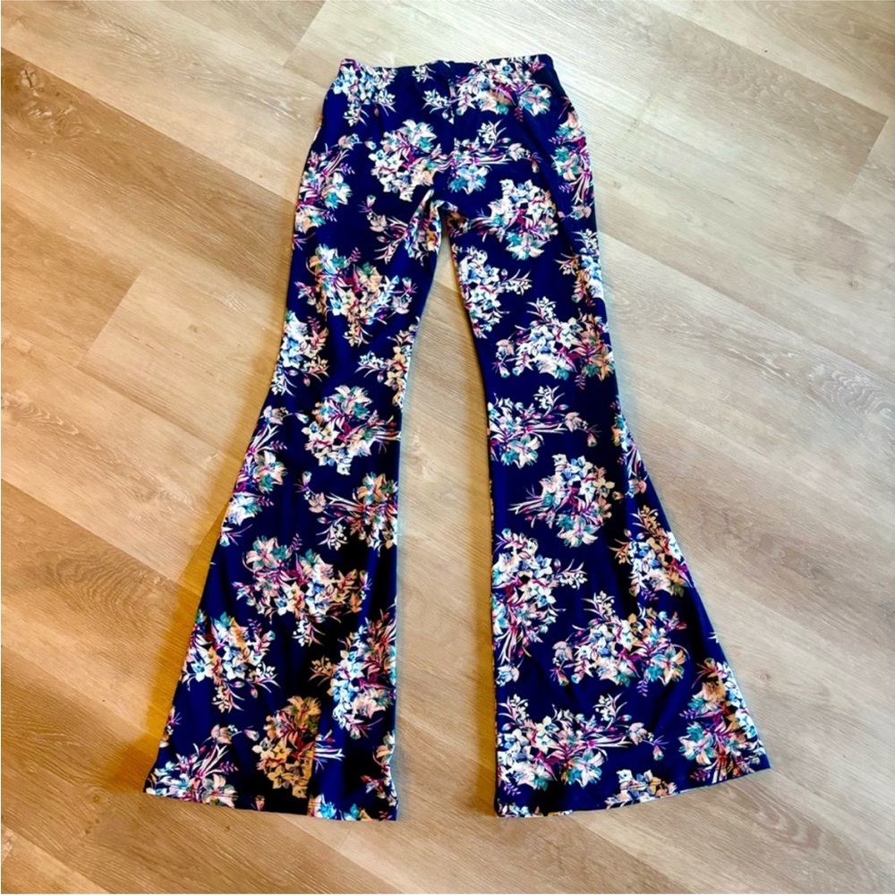 Hot Kiss Pull On Stretch Flare Pants Low Rise Blue, Fuchsia and Teal Size S